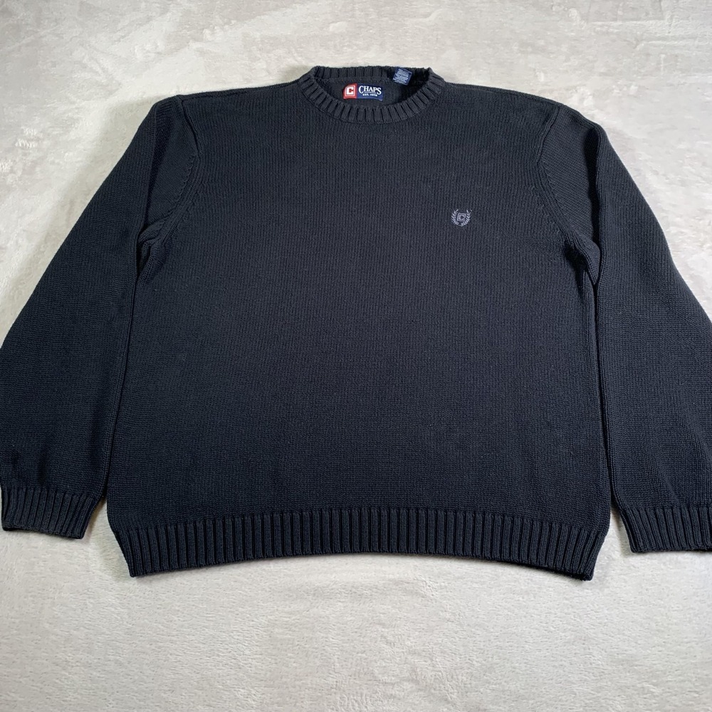 Chaps Sweater Mens 2XL Black Crewneck Knit‎ Embroidered Crest Logo Pullover